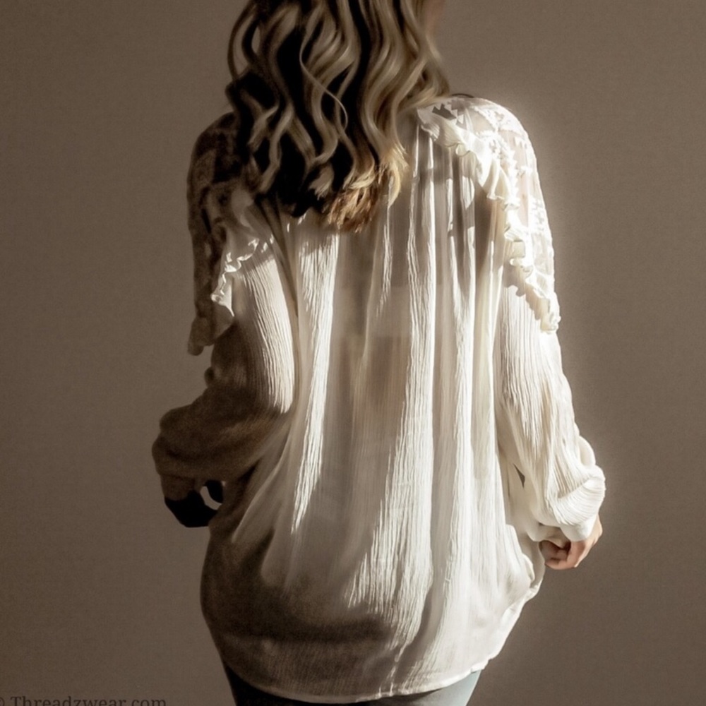 SOLID OFF WHITE RUFFLE LACE SHOULDER LONG SLEEVES TOP BLOUSE - Picture 8 of 8